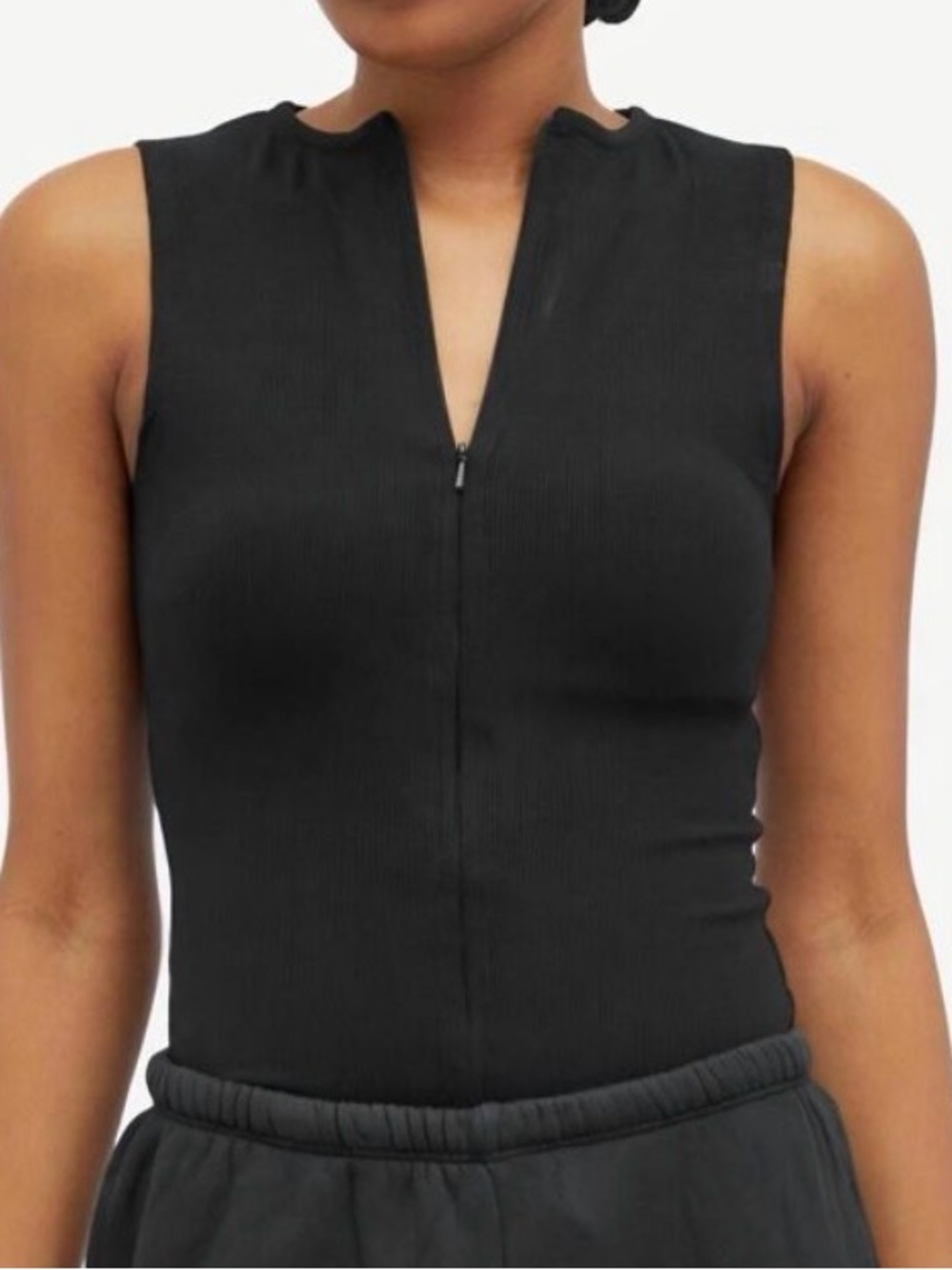 Joah Brown Black Ribbed Zip-Front Tank